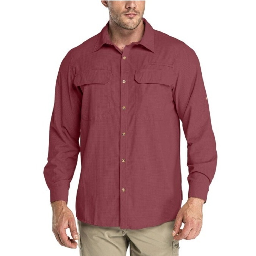 33,000ft Mens Medium Long Sleeve Wine Red Fishing Shirt Button Up Outdoor Hiking